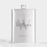 Personalized Script Groomsmen's name and Monogram  Flask<br><div class="desc">Add a personal touch to your wedding with personalized groomsmen flask. This flask features personalized groomsman's name in grey classic script font style with wedding details in grey classic serif font style and monogram in light grey classic serif font style as background, on white background. Also perfect for best man,...</div>