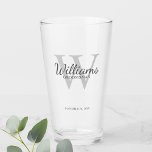 Personalized Script Groomsmen's name and Monogram Glass<br><div class="desc">Add a personal touch to your wedding with personalized groomsmen glass. This glass features personalized groomsman's name in grey classic script font style with wedding details in grey classic serif font style and monogram in light grey classic serif font style as background. Also perfect for best man, father of the...</div>