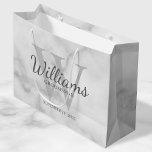 Personalized Script Groomsmen's name and Monogram  Large Gift Bag<br><div class="desc">Add a personal touch to your wedding with personalized groomsmen gift bag. This gift bag features personalized groomsman's name in grey classic script font style with wedding details in grey classic serif font style and monogram in light grey classic serif font style as background, on white marble background. Also perfect...</div>