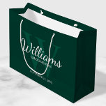 Personalized Script Groomsmen's name and Monogram  Large Gift Bag<br><div class="desc">Add a personal touch to your wedding with personalized groomsmen gift bag. This gift bag features personalized groomsman's name in white classic script font style with wedding details in white classic serif font style and monogram in light emerald green classic serif font style as background, on emerald green background. Also...</div>