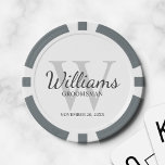 Personalized Script Groomsmen's name and Monogram  Poker Chips<br><div class="desc">Add a personal touch to your wedding with personalized groomsmen poker chips. This design features personalized groomsman's name in grey classic script font style with wedding details in grey classic serif font style and monogram in light grey classic serif font style as background, on white background. Also perfect for best...</div>