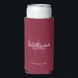 Personalized Script Groomsmen's name and Monogram  Seltzer Can Cooler<br><div class="desc">Add a personal touch to your wedding with personalized groomsmen can cooler. This can cooler features personalized groomsman's name in white classic script font style with wedding details in white classic serif font style and monogram in light burgundy red classic serif font style as background, on burgundy red background. Also...</div>