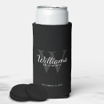 Personalized Script Groomsmen's name and Monogram  Seltzer Can Cooler<br><div class="desc">Add a personal touch to your wedding with personalized groomsmen can cooler. This can cooler features personalized groomsman's name in white classic script font style with wedding details in white classic serif font style and monogram in grey classic serif font style as background, on black background. Also perfect for best...</div>