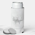 Personalized Script Groomsmen's name and Monogram Seltzer Can Cooler<br><div class="desc">Add a personal touch to your wedding with personalized groomsmen can cooler. This can cooler features personalized groomsman's name in grey classic script font style with wedding details in grey classic serif font style and monogram in light grey classic serif font style as background, on white marble background. Also perfect...</div>
