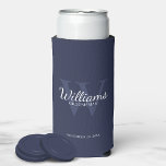 Personalized Script Groomsmen's name and Monogram  Seltzer Can Cooler<br><div class="desc">Add a personal touch to your wedding with personalized groomsmen can cooler. This can cooler features personalized groomsman's name in white classic script font style with wedding details in white classic serif font style and monogram in light navy blue classic serif font style as background, on navy blue background. Also...</div>