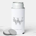 Personalized Script Groomsmen's name and Monogram  Seltzer Can Cooler<br><div class="desc">Add a personal touch to your wedding with personalized groomsmen can cooler. This can cooler features personalized groomsman's name in grey classic script font style with wedding details in grey classic serif font style and monogram in light grey classic serif font style as background, on white background. Also perfect for...</div>