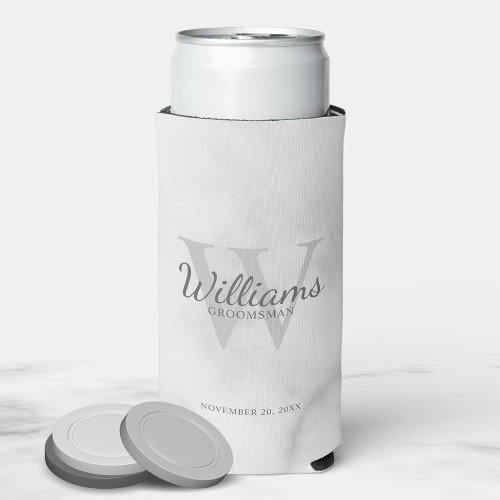 Personalized Script Groomsmens name and Monogram Seltzer Can Cooler