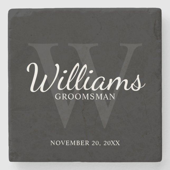 Personalized Script Groomsmen's name and Monogram  Stone Coaster (Front)