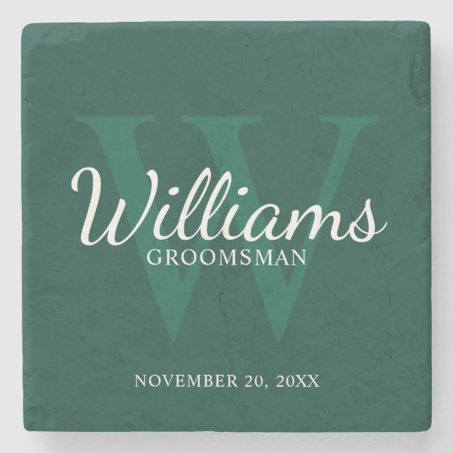 Personalized Script Groomsmen's name and Monogram  Stone Coaster (Front)