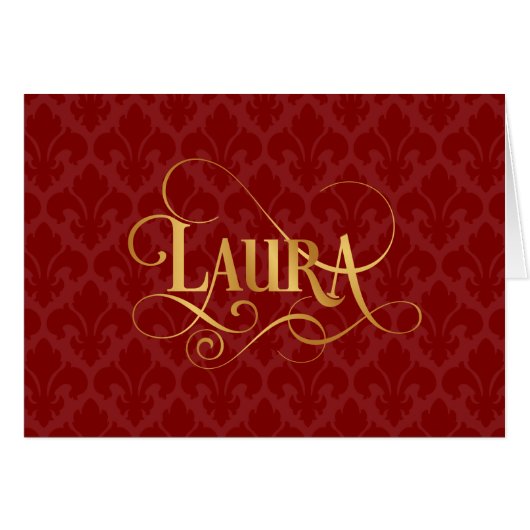 Personalized Script Laura Gold Red Fleur-de-Lis Cards (Front Horizontal)