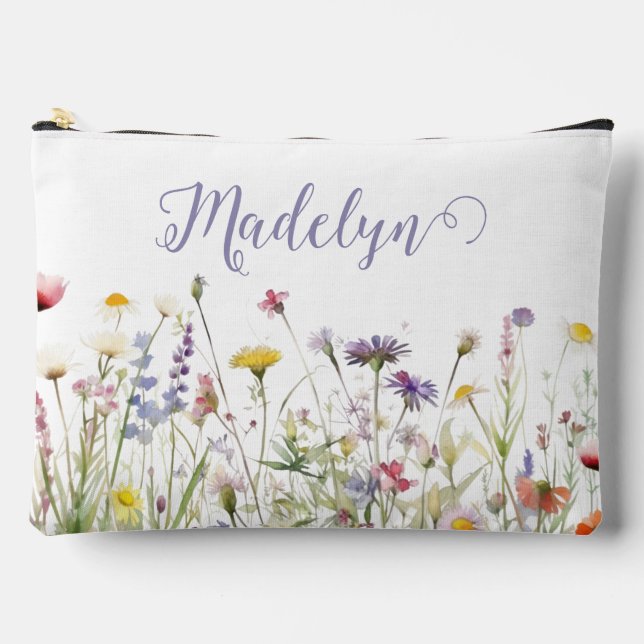 Personalized Script Meadow Wildflower Accessory Pouch (Front)