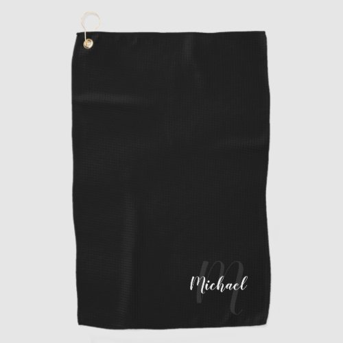 Personalized Script Monogram and Name Black Golf Towel