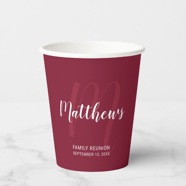 Personalized Script Monogram and Name Burgundy Red Paper Cups (Front)