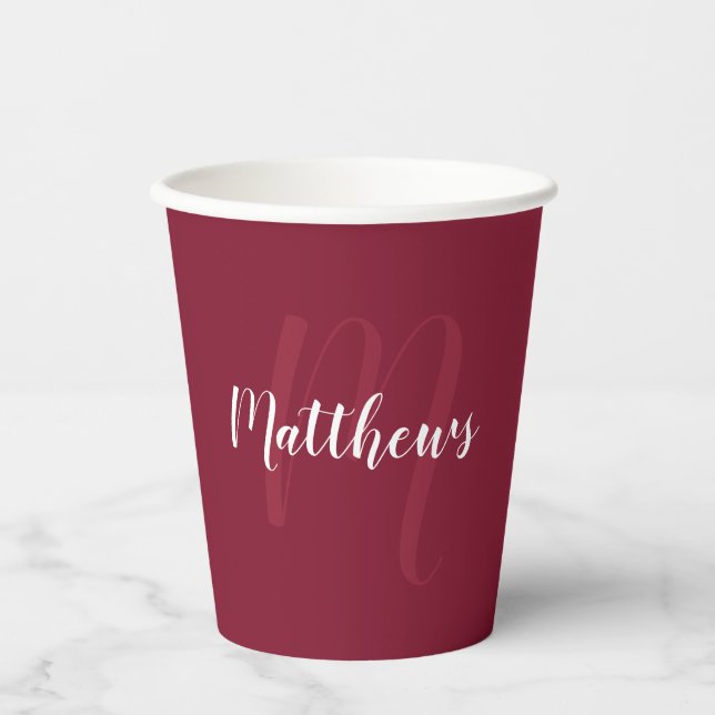 Personalized Script Monogram and Name Burgundy Red Paper Cups (Front)
