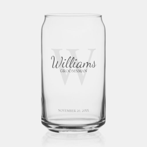 Personalized Script Monogram and Name Groomsmen Can Glass