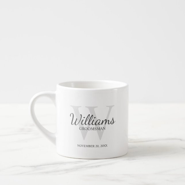 Personalized Script Monogram and Name Groomsmen Espresso Cup (Left)