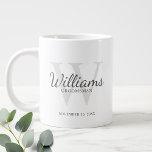 Personalized Script Monogram and Name Groomsmen Giant Coffee Mug<br><div class="desc">Add a personal touch to your wedding with personalized groomsmen mug. This mug features personalized groomsman's name in grey classic script font style with wedding details in grey classic serif font style and monogram in light grey classic serif font style as background, on white background. Also perfect for best man,...</div>