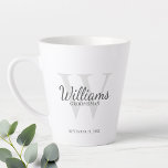 Personalized Script Monogram and Name Groomsmen Latte Mug<br><div class="desc">Add a personal touch to your wedding with personalized groomsmen mug. This mug features personalized groomsman's name in grey classic script font style with wedding details in grey classic serif font style and monogram in light grey classic serif font style as background, on white background. Also perfect for best man,...</div>