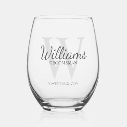 Personalized Script Monogram and Name Groomsmen Stemless Wine Glass