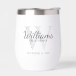 Personalized Script Monogram and Name Groomsmen Thermal Wine Tumbler<br><div class="desc">Add a personal touch to your wedding with personalized groomsmen gift. This design features personalized groomsman's name in grey classic script font style with wedding details in grey classic serif font style and monogram in light grey classic serif font style as background on white background. Also perfect for best man,...</div>