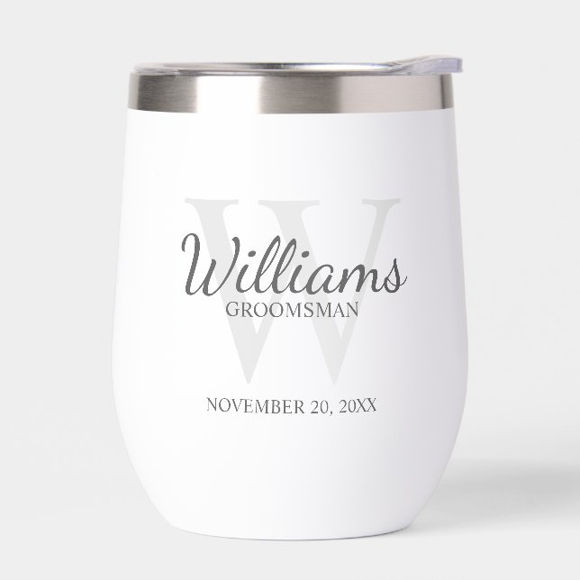 Personalized Script Monogram and Name Groomsmen Thermal Wine Tumbler (Left)