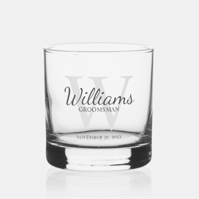 Personalized Script Monogram and Name Groomsmen Whiskey Glass (Front)