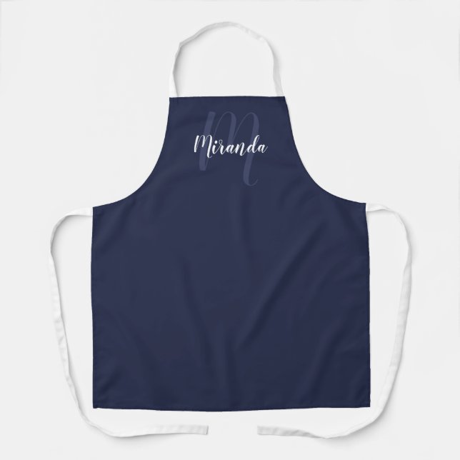 Personalized Script Monogram and Name Navy Blue Apron (Front)