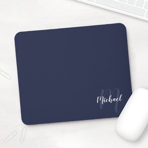 Personalized Script Monogram and Name Navy Blue Mouse Pad