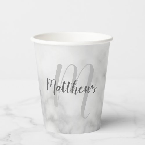 Personalized Script Monogram and Name White Marble Paper Cups
