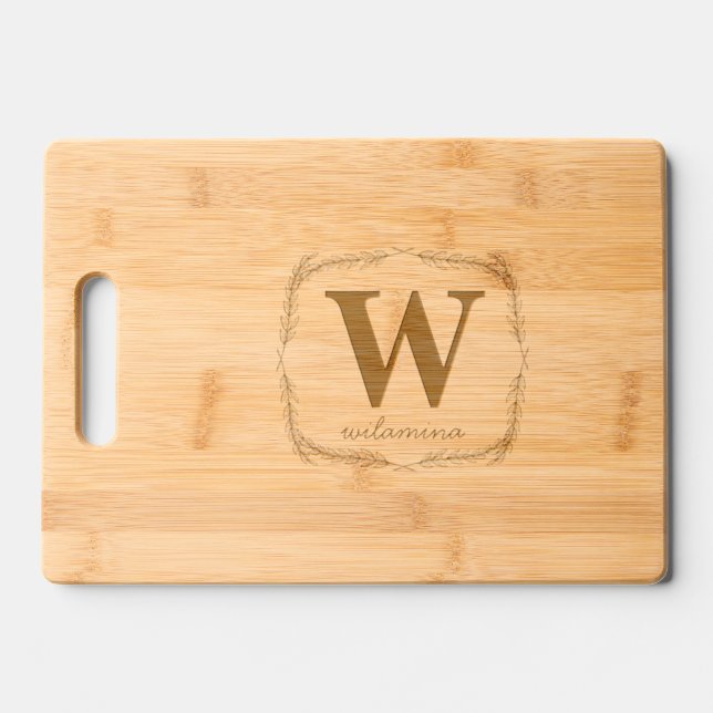 Personalized Script Monogram Initial & Name Wreath Engraved Cutting Board (Front)
