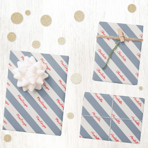 Personalized Script Name Blue Cream Candy Stripe Wrapping Paper Sheets