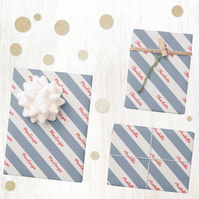 Personalized Script Name Blue Cream Candy Stripe Wrapping Paper Sheets (Personalized script names diagonal stripe blue and cream gift wrapping paper for unique celebrations)