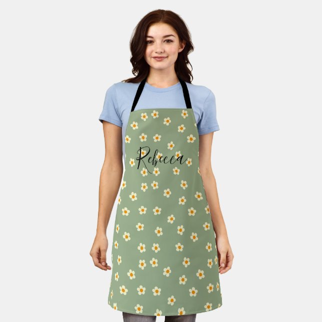 Personalized Script Name Cute Daisy Floral Green Apron (Worn)