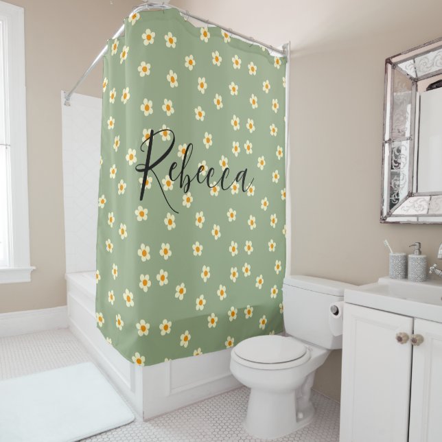 Personalized Script Name Cute Daisy Pattern Green Shower Curtain (In Situ)
