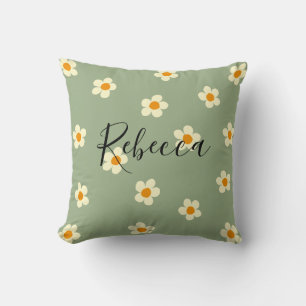 Personalized Script Name Cute Daisy Pattern Green Throw Pillow