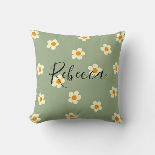 Personalized Script Name Cute Daisy Pattern Green Throw Pillow