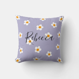 Personalized Script Name Daisy Pattern Cute Purple Throw Pillow