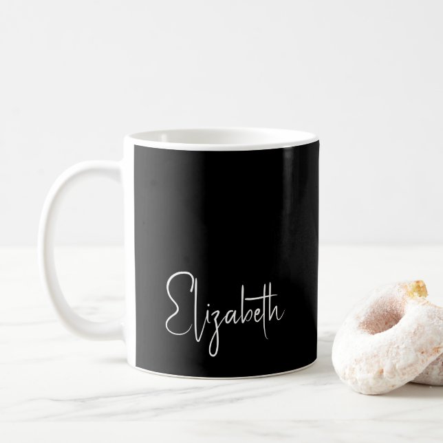 Personalized Script Name Elegant Black White Coffee Mug (With Donut)