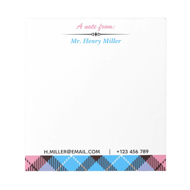 Personalized Script Name Email Tel Plaid Tartan Notepad (Front)