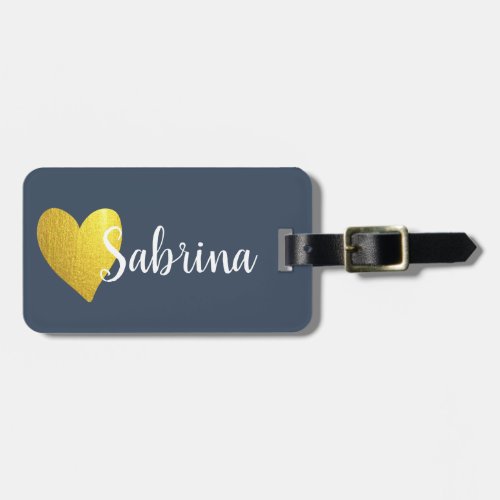 Personalized Script Name Gold Glitter Heart Navy Luggage Tag