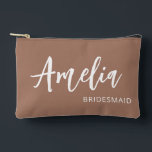Personalized Script Name Mocha Bachelorette Makeup Accessory Pouch<br><div class="desc">This personalized makeup bag is a stylish and functional accessory, perfect for bridesmaids, wedding parties, or even as a thoughtful gift for a close friend. Featuring an elegant, modern script font for the name and a clean sans-serif type for the role, it adds a personalized touch while maintaining a classy,...</div>