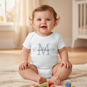 Personalized Script Name Monogram Baby Blue Bodysuit