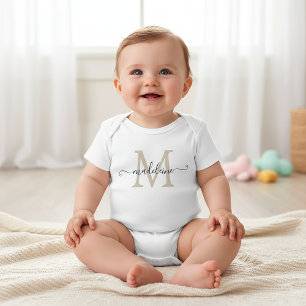 Personalized Script Name Monogram Beige Baby Bodysuit