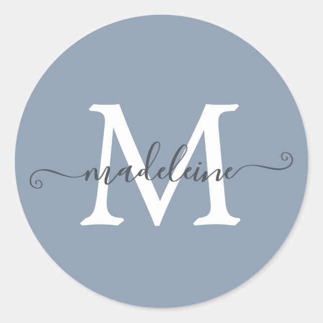 Personalized Script Name Monogram Dusty Blue Classic Round Sticker (Front)
