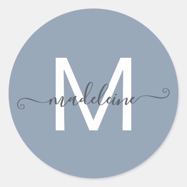 Personalized Script Name Monogram Dusty Blue Classic Round Sticker (Front)