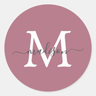 Personalized Script Name Monogram Dusty Rose Classic Round Sticker