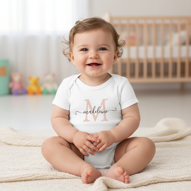 Personalized Script Name Monogram Soft Pink Baby Bodysuit (Creator Uploaded)