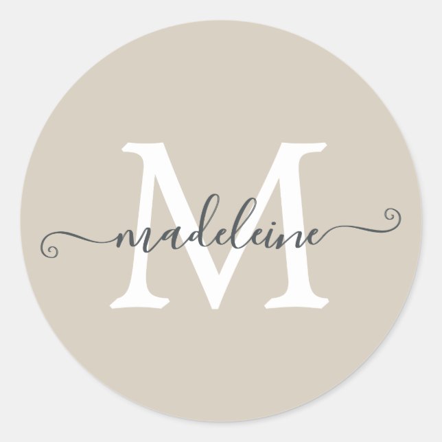 Personalized Script Name Monogram Warm Beige Classic Round Sticker (Front)