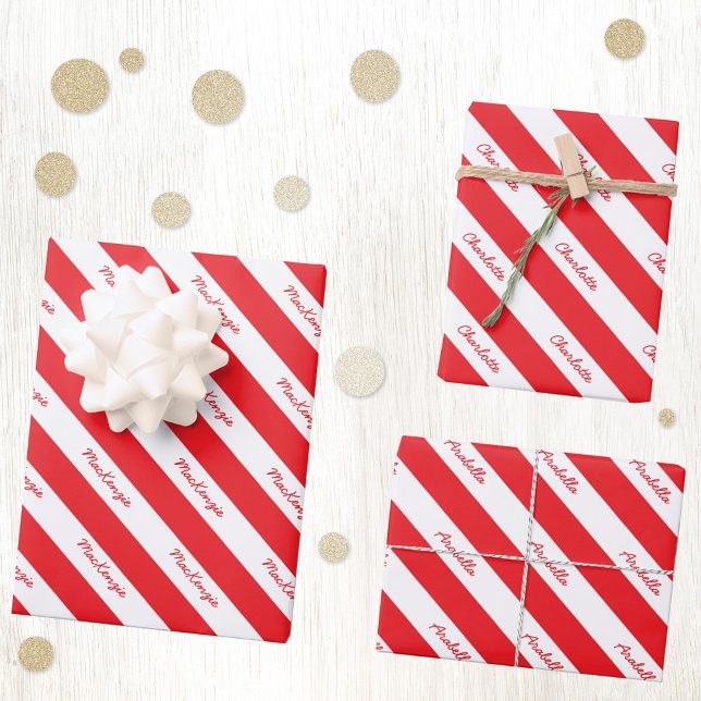 Personalized Script Name Red White Candy Stripe Wrapping Paper Sheets (Personalized script name festive red and white diagonal candy stripe Christmas and Holiday gift wrap)