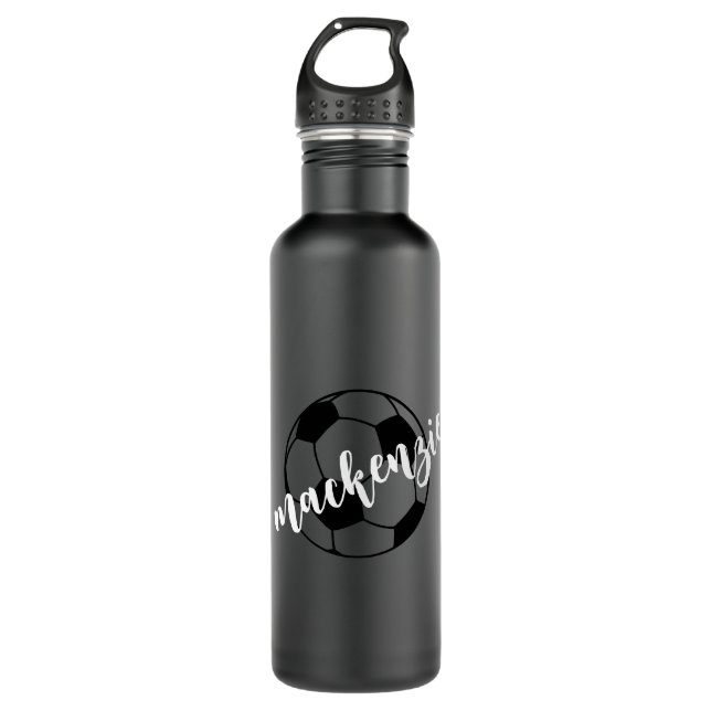 Personalized Script Name Soccer Black White Stainless Steel Water Bottle (Front)